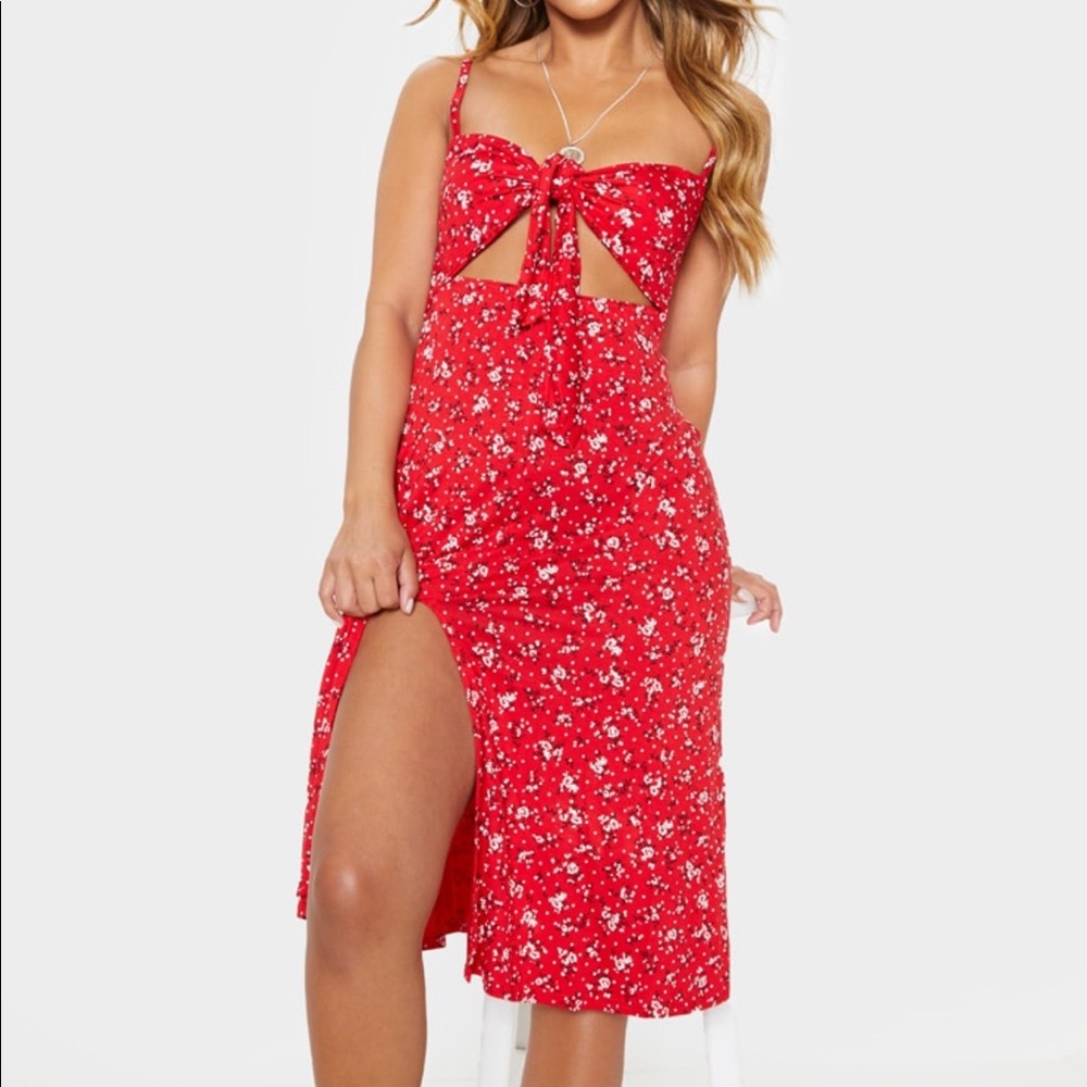 Red Ditsy Floral Tie Front Strappy Swing Dress